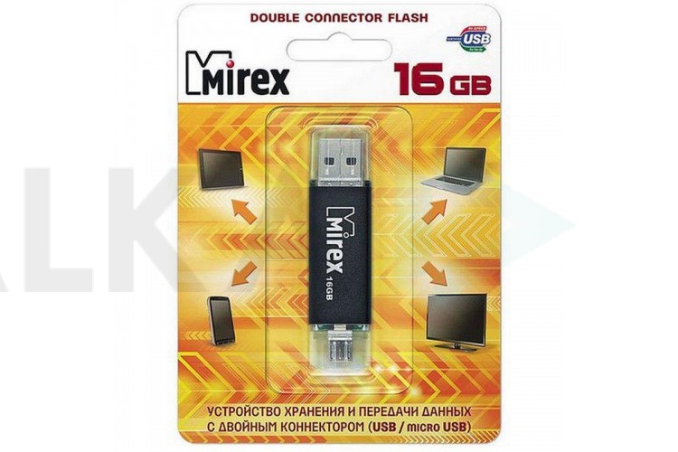 Флешка USB 2.0 Mirex SMART BLACK с двойным разъёмом USB/microUSB 16GB (ecopack)