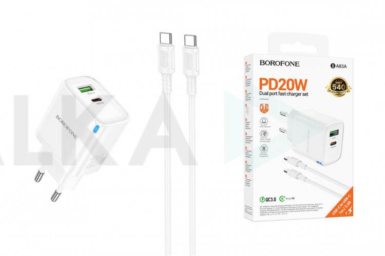 Сетевое зарядное устройство USB + USB-C + кабель Type-C BOROFONE BA83A Flare star PD20W+QC3.0 (белый)