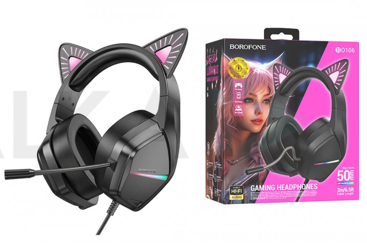 Наушники мониторные проводные с микрофоном BOROFONE BO106 Cute cat ear luminous  gaming headphones (phantom cat)