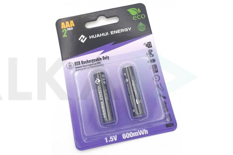 Аккумуляторы Huahui Energy R03 600mAh BL2 2/AAA 2шт для зарядки от USB
