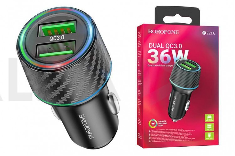Автомобильное зарядное устройство АЗУ 2USB BOROFONE BZ21A  36W  QC3.0 (черный)