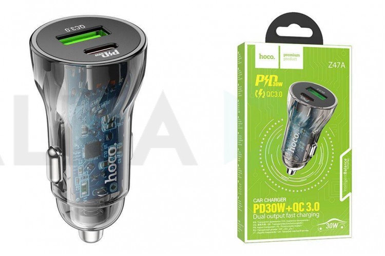 Автомобильное зарядное устройство АЗУ USB + Type-C HOCO Z47A Transperent PD30W+QC3.0 (черный прозрачный)