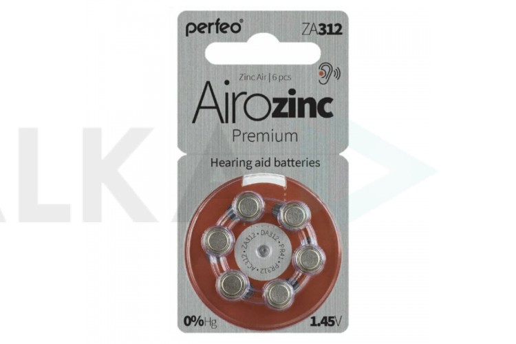 Батарейка часовая для слуховых аппаратов Perfeo ZA312/6BL Airozinc Premium