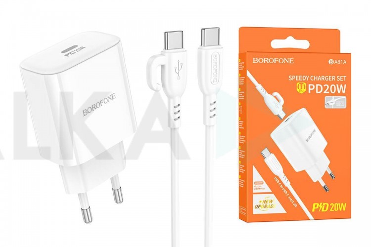 Сетевое зарядное устройство USB-C+ кабель Type-C - Type-C BOROFONE BA81A PD20W (белый)