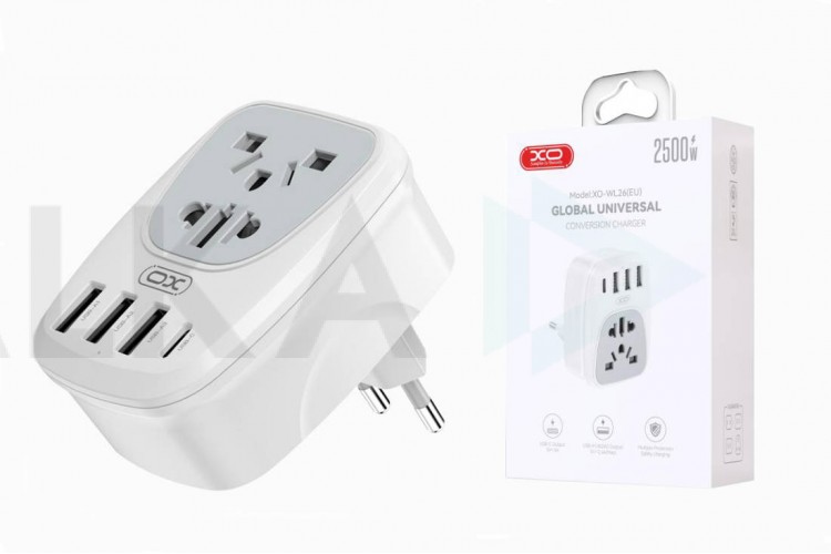 Сетевое зарядное устройство 3USB + USB-C XO WL26 EU to Multi-Country Universal Wall Plug 1USB-C+3USB-A Multi-Port Output Charger White