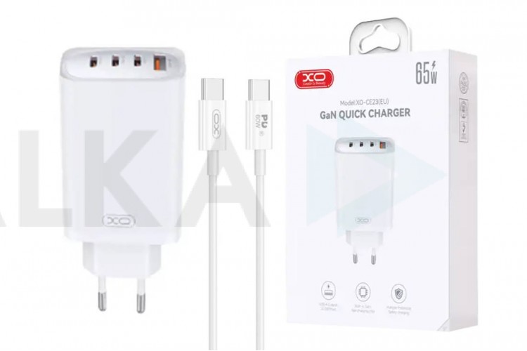 Сетевое зарядное устройство USB+3USB-C + кабель Type-C-Type-C XO CE23 65W GaN Nitride Fast Charging White