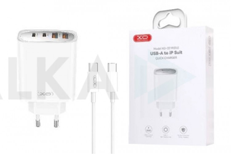 Сетевое зарядное устройство 2USB+2USB-C + кабель Type-C-Type-C XO CE22 45W GaN Nitride Fast Charginge White