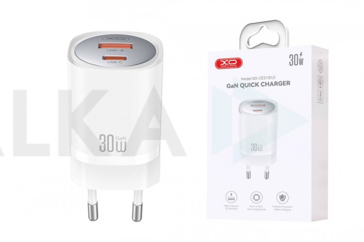 Сетевое зарядное устройство USB + USB-C XO CE21(EU) PD30W/PPS33W Fast Charger White