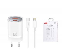 Сетевое зарядное устройство USB + USB-C + кабель Lightning - Type-C XO CE21(EU) European Standard PD30W/PPS33W Fast Charger White