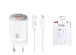 Сетевое зарядное устройство USB + USB-C + кабель Lightning - Type-C XO CE21(EU) European Standard PD30W/PPS33W Fast Charger White