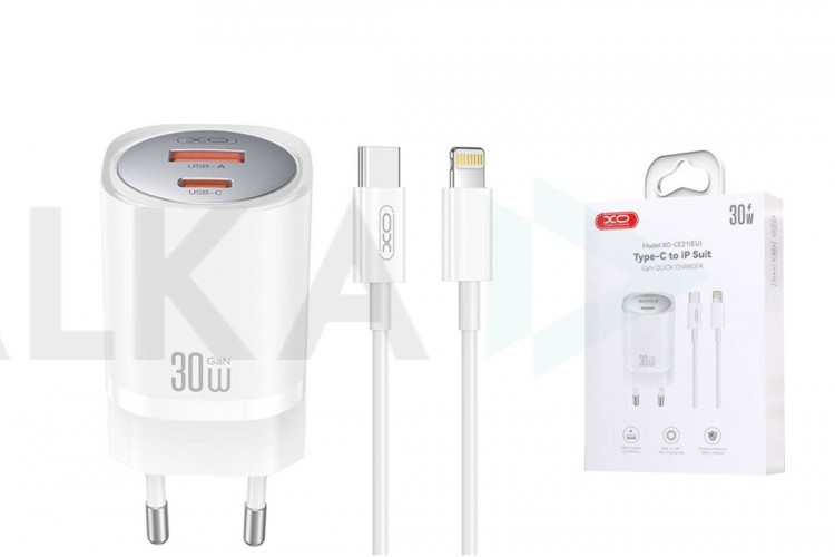 Сетевое зарядное устройство USB + USB-C + кабель Lightning - Type-C XO CE21(EU) European Standard PD30W/PPS33W Fast Charger White