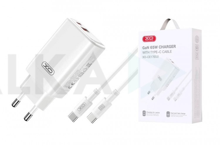 Сетевое зарядное устройство USB + USB-C XO CE17(EU) 65W GaN Fast Charger (1USB-C 65W/1USB-A 22.5W) White