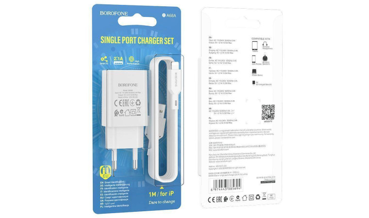 Сетевое зарядное устройство USB + кабель Lightning BOROFONE BA68A Glacier 2100mAh (белый)