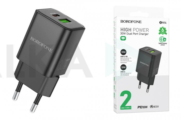 Сетевое зарядное устройство USB + USB-C BOROFONE BN14 PD30W+ QC3.0 (черный)