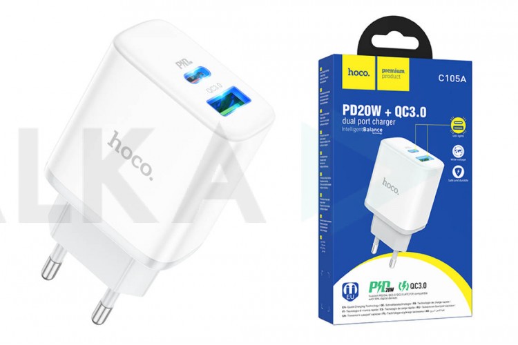 Сетевое зарядное устройство USB + USB-C HOCO C105A PD20W+ QC3.0 (белый)