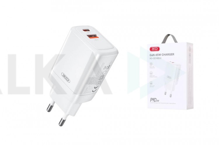 Сетевое зарядное устройство USB + USB-C XO CE16(EU) 45W GaN Fast Charger (1USB-C 45W/1USB-A 22.5W) White