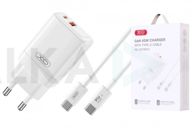 Сетевое зарядное устройство USB+USB-C + кабель Type-C-Type-C XO CE16 45W GaN Fast Charger (1USB-C 45W/1USB-A 22.5W) White