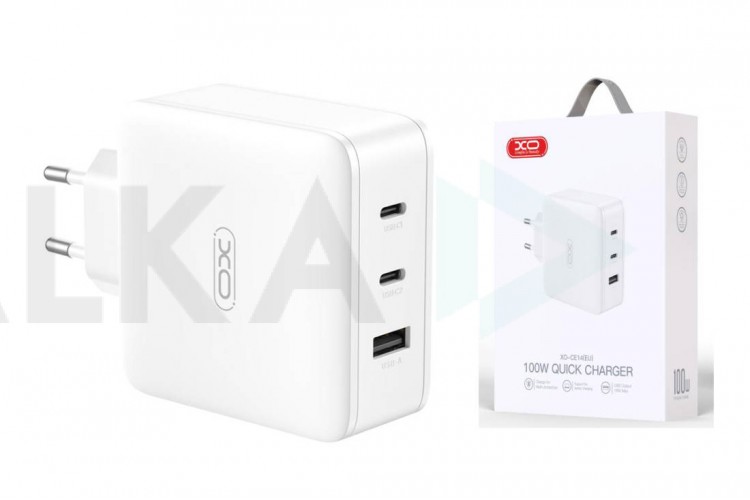 Сетевое зарядное устройство USB + 2 USB-C XO CE14 (EU) 100W GaN tech fast charging (2USB-C 100W/1USB-A 18W)  White