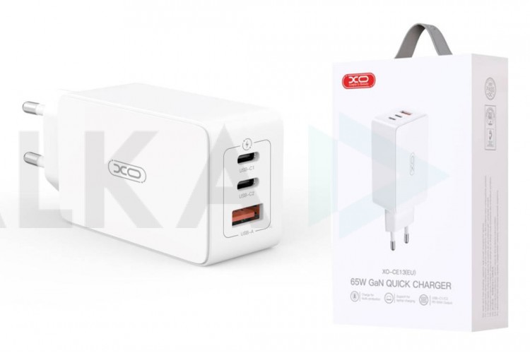 Сетевое зарядное устройство USB + 2 USB-C XO CE13 (EU) 65W GaN tech fast charging (2USB-C 65W/1USB-A 22.5W) White