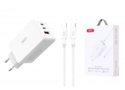 Сетевое зарядное устройство USB + USB-C + кабель Type-C - Type-C XO CE13 (EU) 65W GaN tech (NB207) White