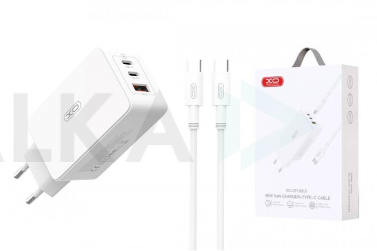 Сетевое зарядное устройство USB + USB-C + кабель Type-C - Type-C XO CE13 (EU) 65W GaN tech (NB207) White