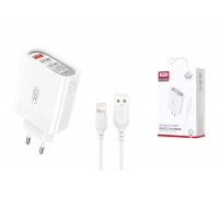 Сетевое зарядное устройство USB + USB-C +  кабель Lightning XO L100 fast charging 1USB QC3.0+3USB 2.4A White