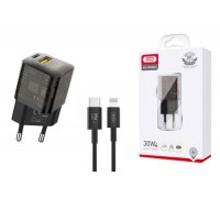 Сетевое зарядное устройство USB +  USB-C + кабель Lightning - Type-C XO CE05(EU) GAN PD30W+QC3.0 18W Brown