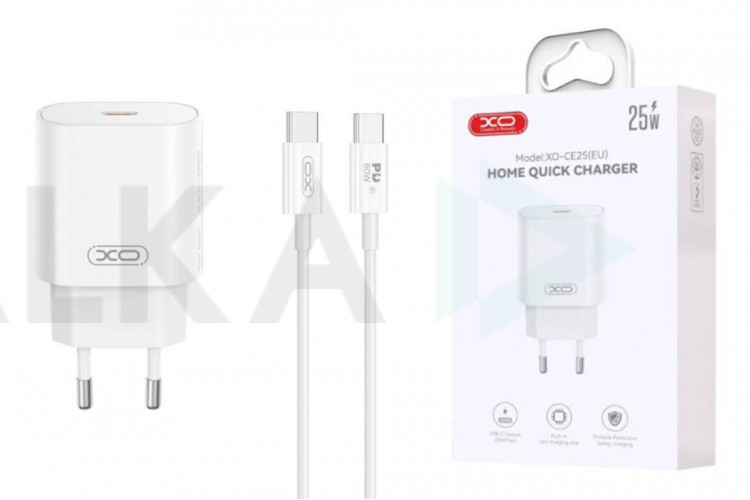 Сетевое зарядное устройство USB-C + кабель Type-C-Type-C XO CE25( PD25W Fast Charger White