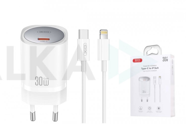 Сетевое зарядное устройство USB-C + кабель Lightning - Type-C XO CE20(EU) PD30W/PPS33W fast charger White