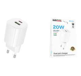 Сетевое зарядное устройство USB-C BOROFONE BA104A Pudding PD20W+QC3.0 (белый)