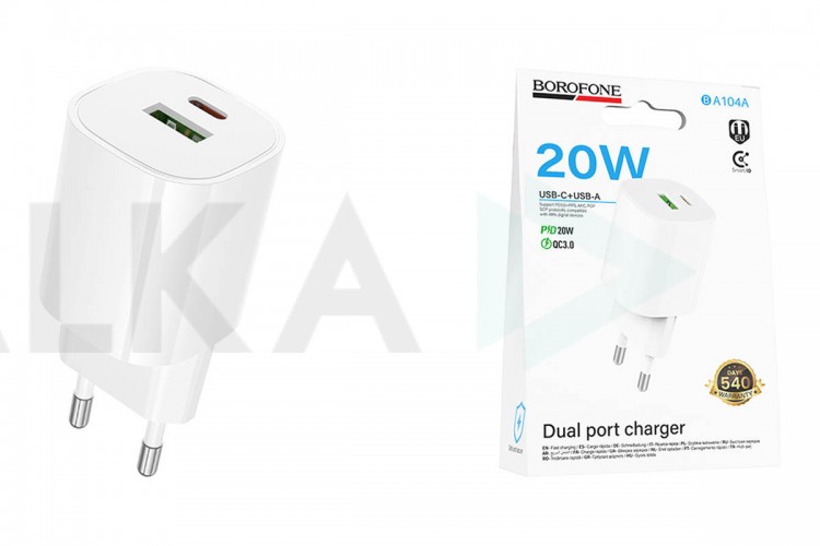Сетевое зарядное устройство USB-C BOROFONE BA104A Pudding PD20W+QC3.0 (белый)