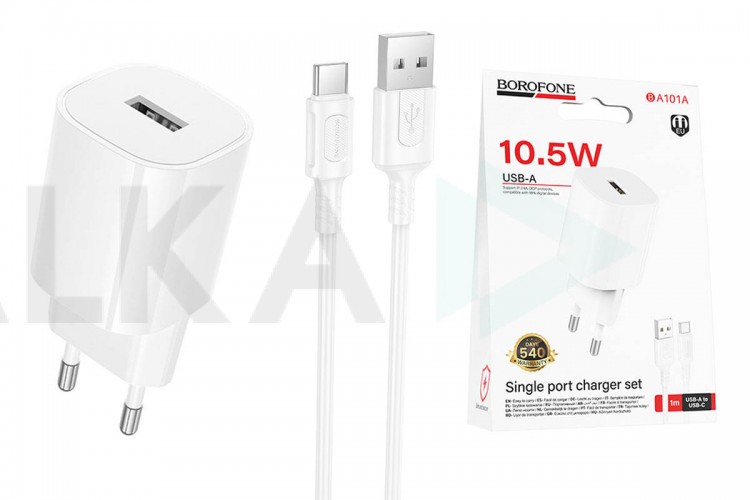Сетевое зарядное устройство USB + кабельType-C BOROFONE BA101A Pudding 2100 mAh белый