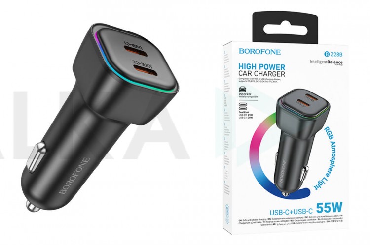 Автомобильное зарядное устройство АЗУ 2USB-C BOROFONE BZ28B Trophie PD55W (черный)