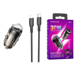 Автомобильное зарядное устройство АЗУ USB-C + кабель Lightning BOROFONE BZ29 Ray single port PD30W (черный прозрачный)