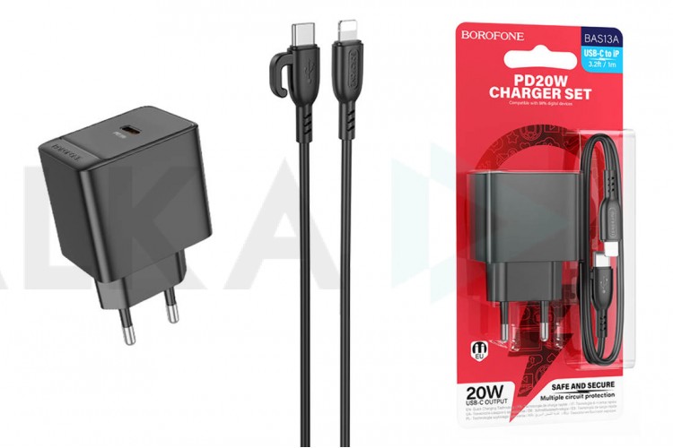 Сетевое зарядное устройство USB + кабель Lightning BOROFONE BAS13A Erudite single port PD20W  (черный)