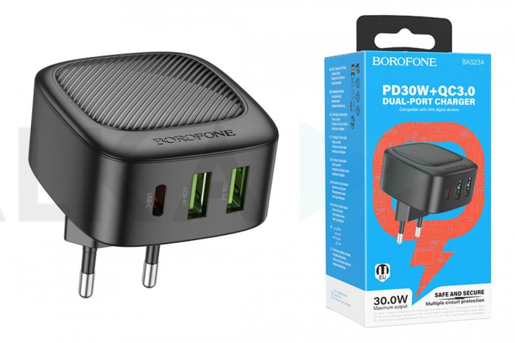 Сетевое зарядное устройство 2USB + USB-C BOROFONE BAS23A Lucky PD30W (черный)