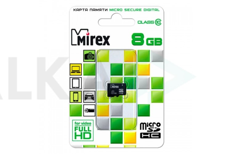 Карта памяти microSDHC MIREX 8 GB (class 10) без адаптера (13612-MC10SD08)