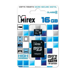 Карта памяти microSDHC MIREX 16 GB (class 4) с адаптером (13613-ADTMSD16)