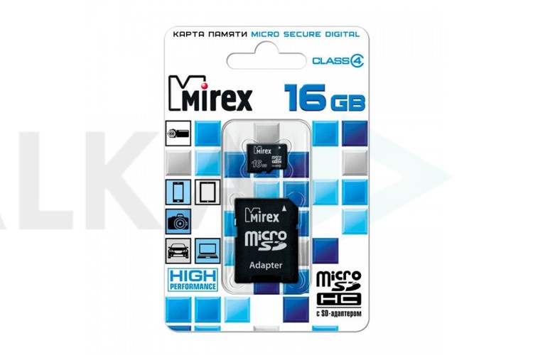 Карта памяти microSDHC MIREX 16 GB (class 4) с адаптером (13613-ADTMSD16)