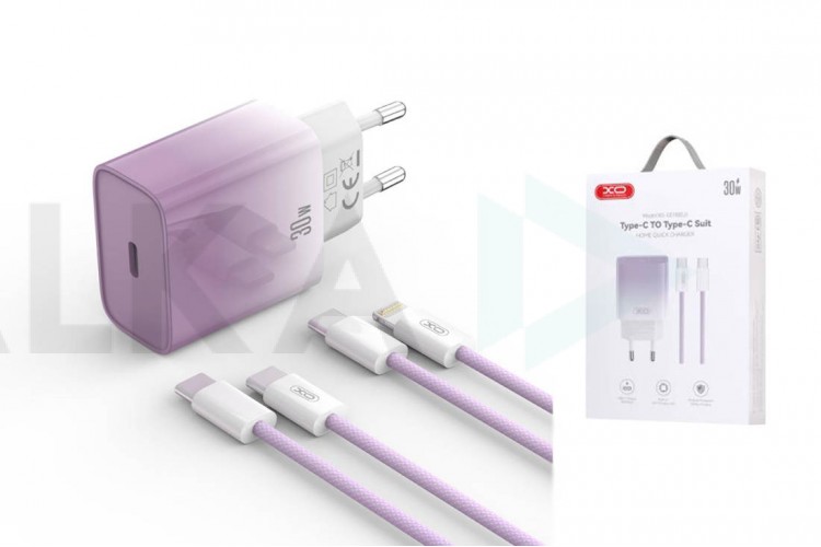 Сетевое зарядное устройство USB-C + кабель Type-C-Type-C XO CE18 PD30W  fast charging  purple