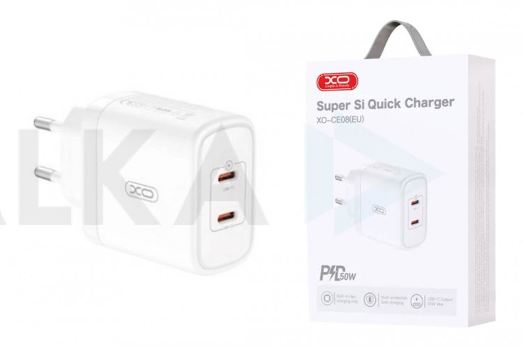 Сетевое зарядное устройство 2 USB-C XO CE08 (EU) PD50W(2USB-C) Fast Charger CE White