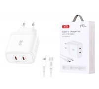 Сетевое зарядное устройство 2USB-C + кабель Lightning - Type-C XO CE08 (EU) PD50W White