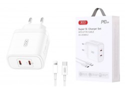 Сетевое зарядное устройство 2USB-C + кабель Lightning - Type-C XO CE08 (EU) PD50W White