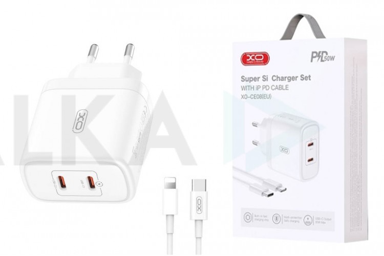 Сетевое зарядное устройство 2USB-C + кабель Lightning - Type-C XO CE08 (EU) PD50W White