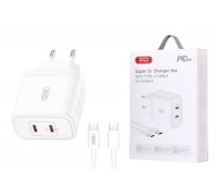 Сетевое зарядное устройство USB-C + кабель Type-C-Type-C XO CE08 PD50W(2USB-C) Fast Charger CE White