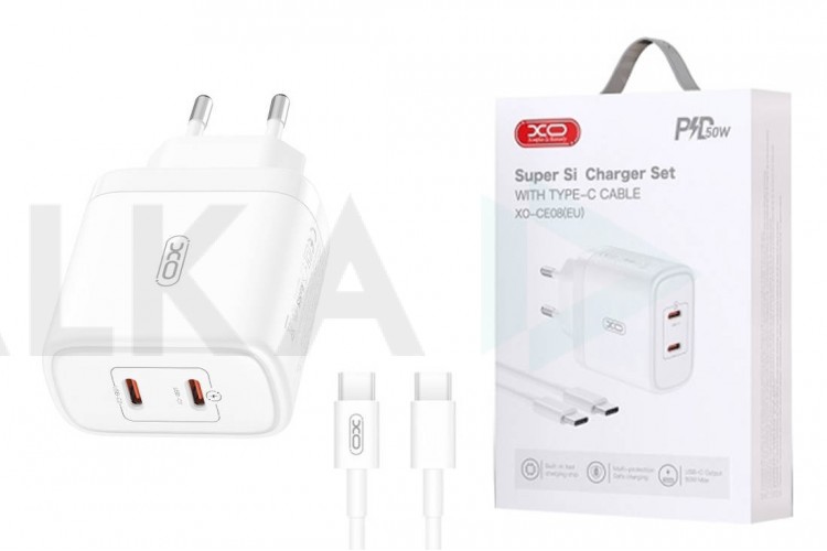 Сетевое зарядное устройство USB-C + кабель Type-C-Type-C XO CE08 PD50W(2USB-C) Fast Charger CE White