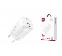 Сетевое зарядное устройство 2 USB-C XO CE07(EU) Dual PD 35W GaN lamp display fast Charger White