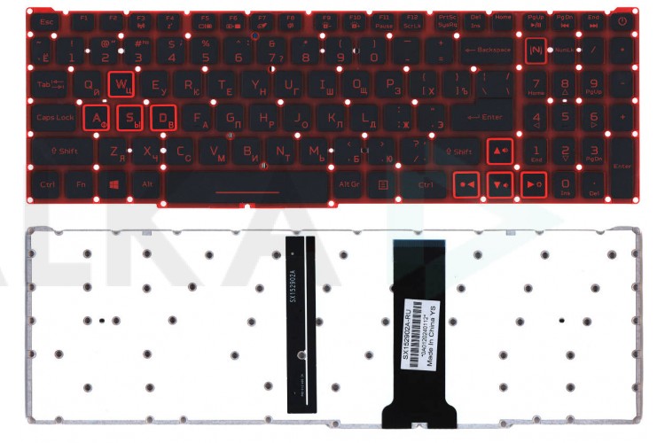Клавиатура для ноутбука Acer Nitro 5 AN515-54 черная с красной подсветкой (красная подложка)