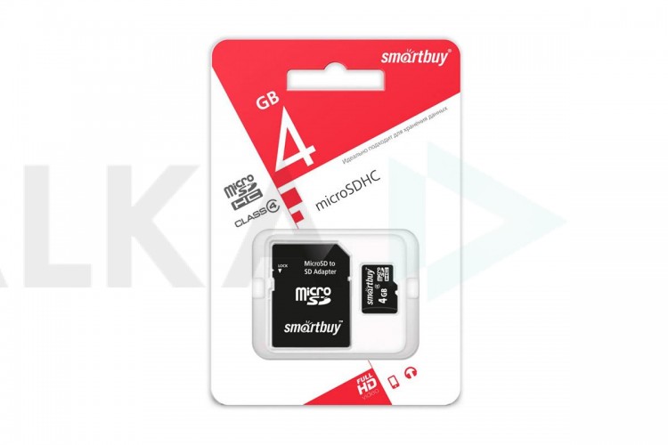 Карта памяти microSDHC Smartbuy 4 GB (class 10) с адаптером