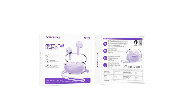 Наушники вакуумные беспроводные BOROFONE BW46 Ice flake true wireless BT headset Bluetooth (фиолетовый) Наушники вакуумные беспроводные BOROFONE BW46 Ice flake true wireless BT headset Bluetooth (фиолетовый)